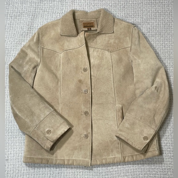 Vintage Esprit Suede Leather Sherpa Lined Button Up Coat Tan Size Large - Picture 2 of 14
